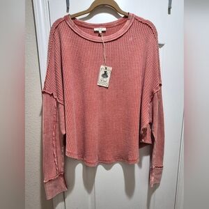 Easel Los Angeles Waffle Knit Oversized Top Boho Raw Edge Medium NWT